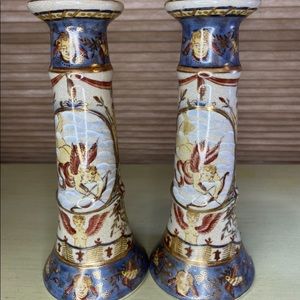 Pair Of Vintage Hand Painted Candle Sticks